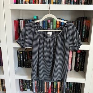 Madewell texture & thread navy white stripe puff sleeve gathered blouse shirt